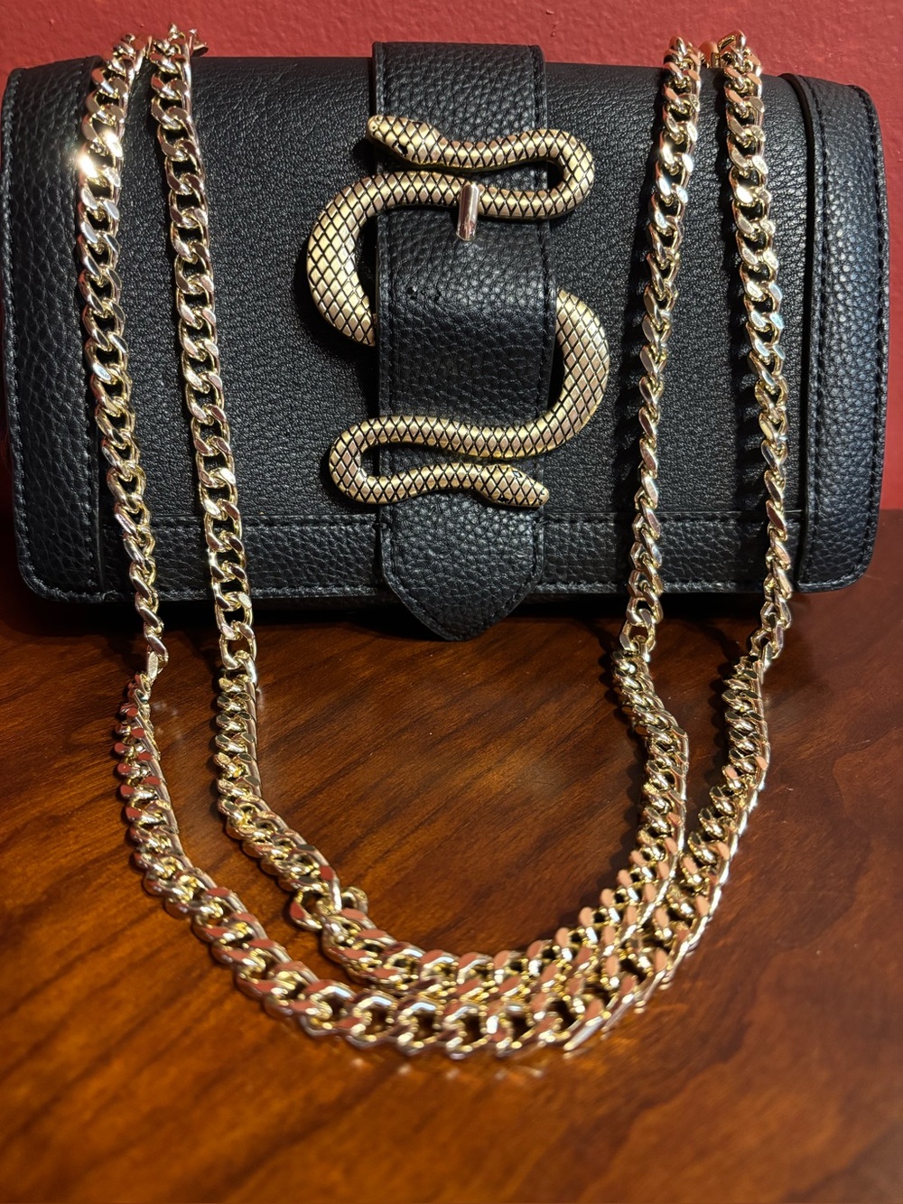 Express Black Pebbled Crossbody with Gold Snake Accent